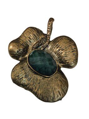 1928 Collection Vintage 2" Brass Tone Green Cabochon Lucky Clover Necklace Penda
